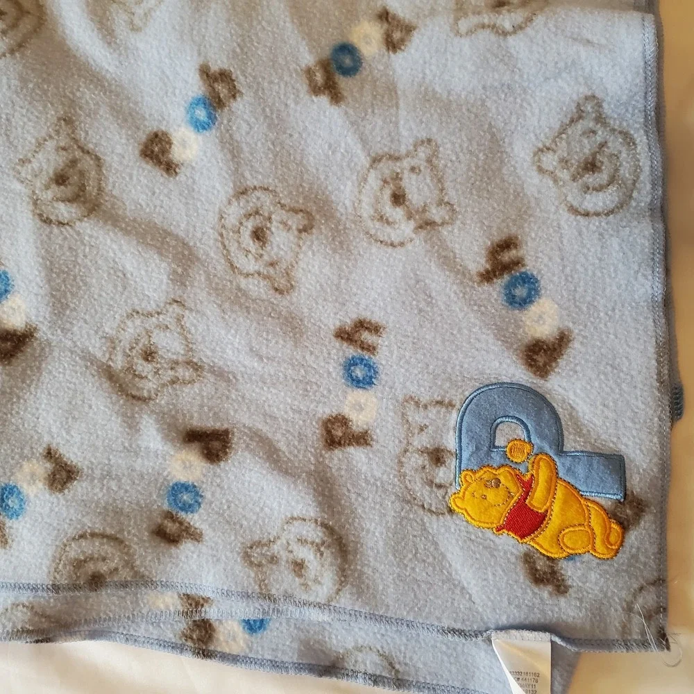 Disney Pooh Baby Blanket Blue Fleece Brown White P Appliqué Faces P O O H‎